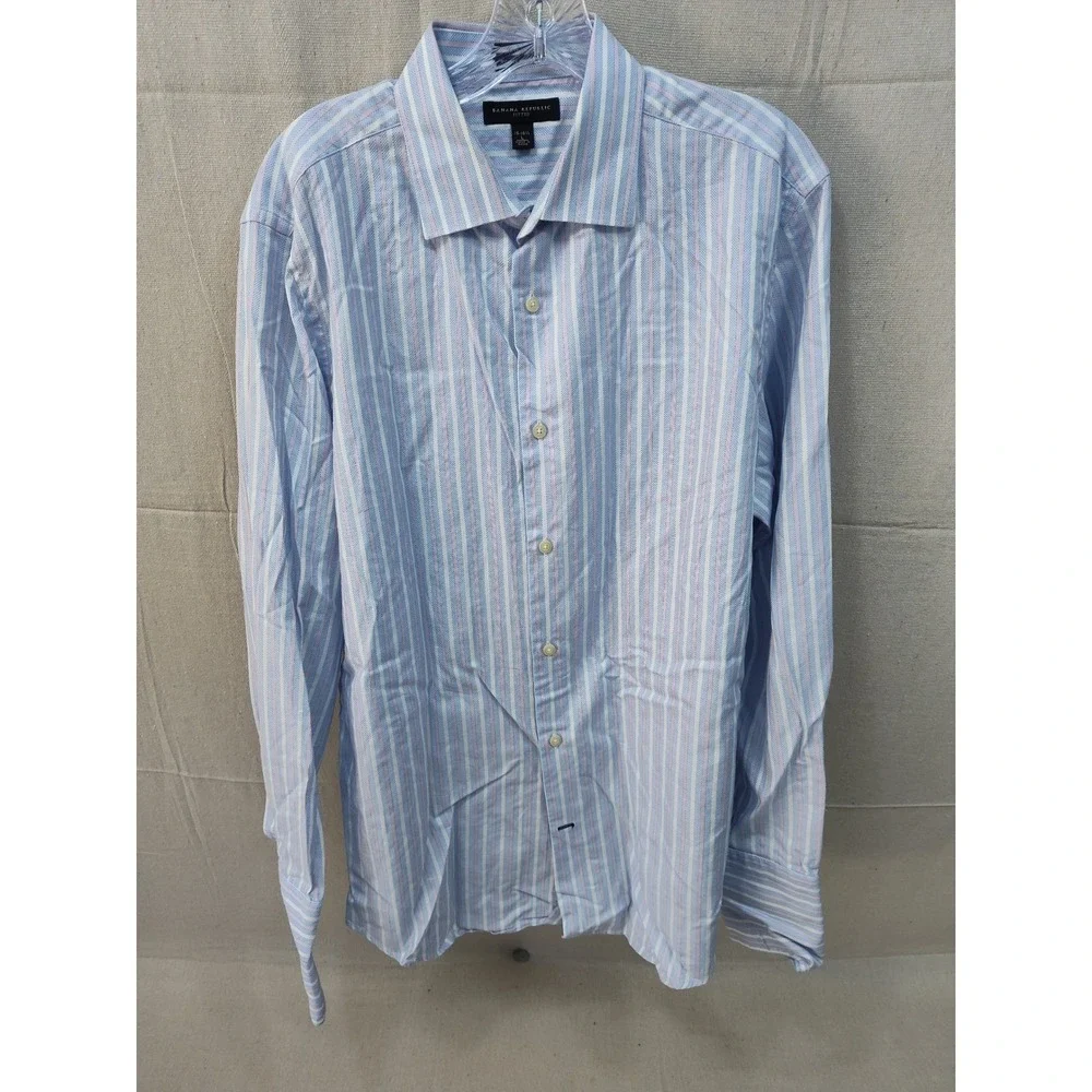 Banana Republic Fitted Dress Shirt Mens L 16-16.5 Blue Pink Striped Italy Fabric